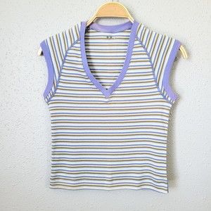 Three Dots 100% Combed Cotton Raglan Striped Multicolored V-Neck Top Size Large